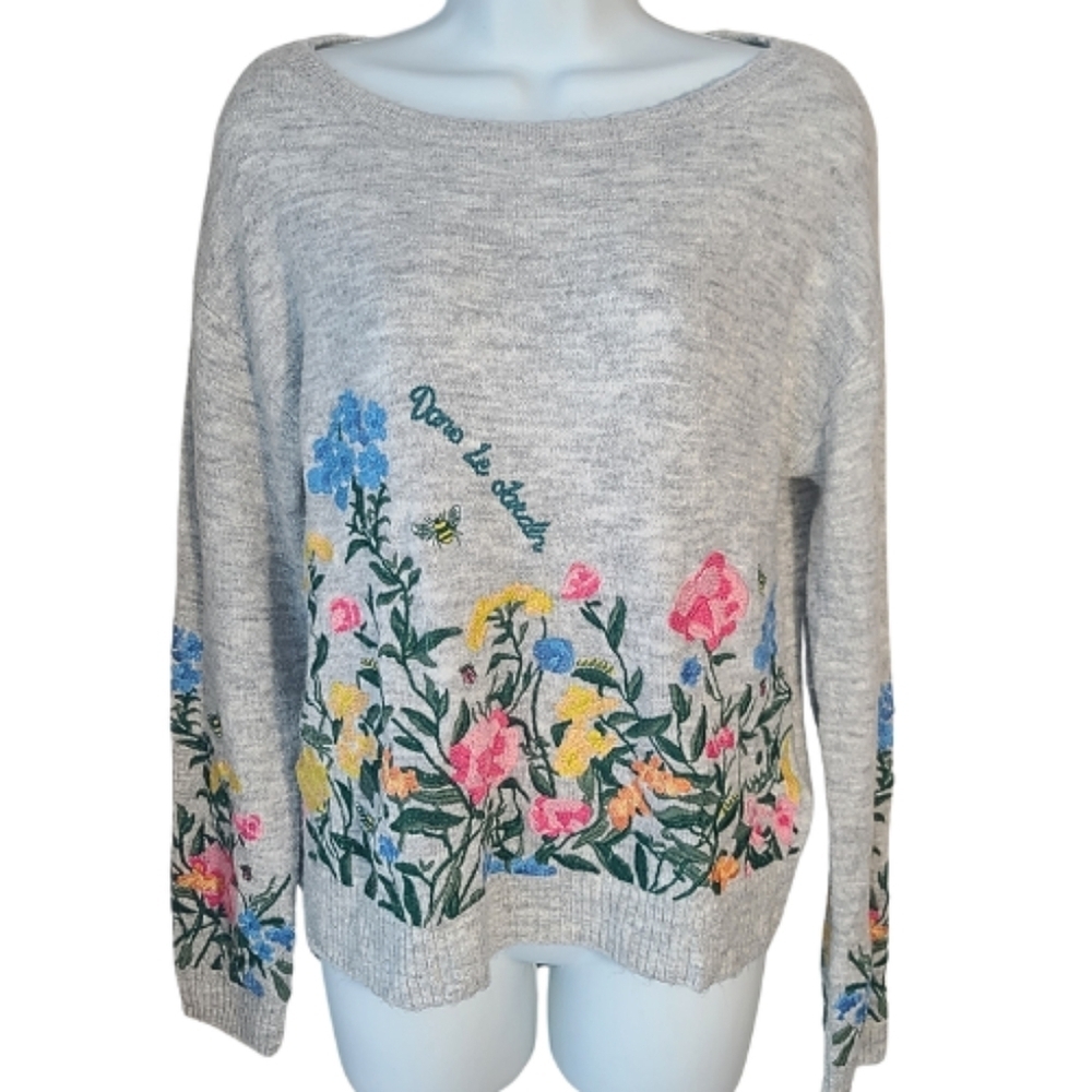 Wool Blend Embroidered Sweater Sz Small Floral Garden Bee Office Business Warm